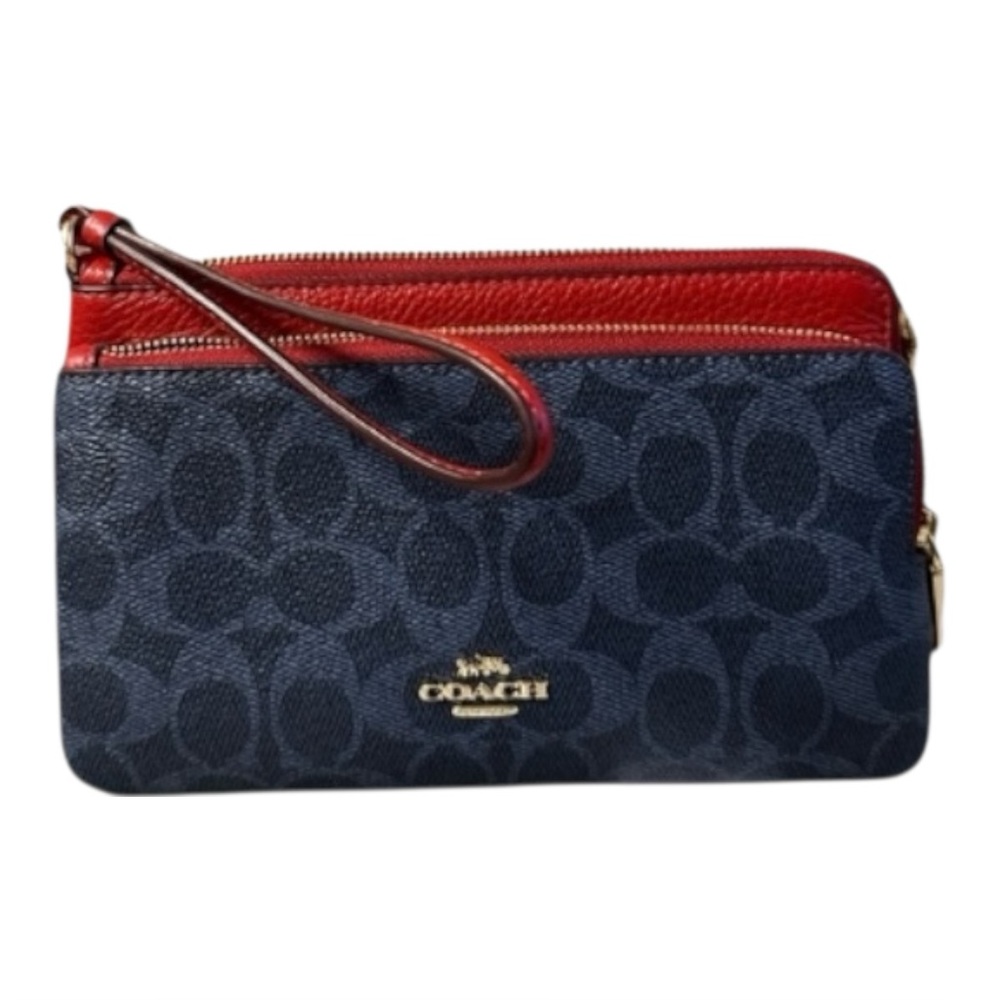 Coach NWT Double Zip Signature Navy and Red Wristlet